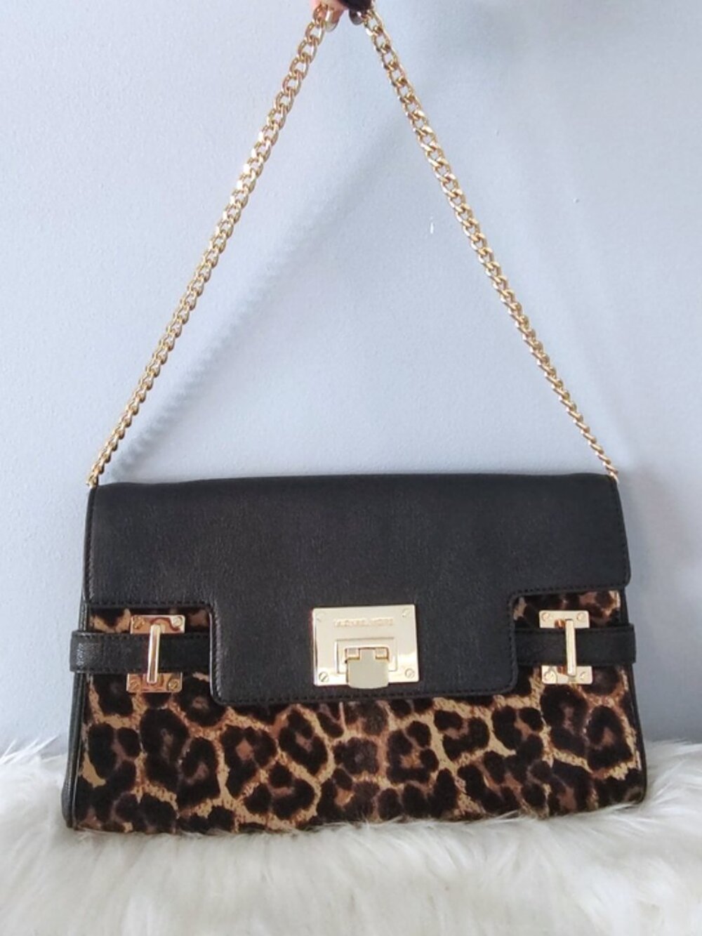 Michael Kors calf hair leopard print leather shoulder bag clutch 2 way EUC